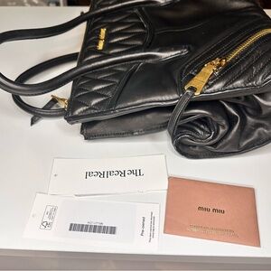 Miu Miu Black Quilted Leather Tote with Gold Hardware